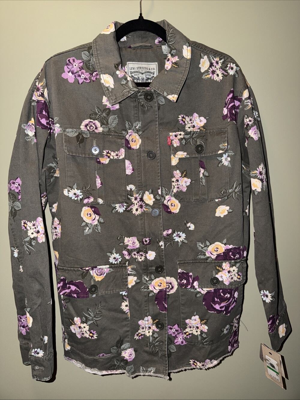 LEVI STRAUSS Army Green Floral Button Zip Front Raw Hem Field Barn Jacket Large